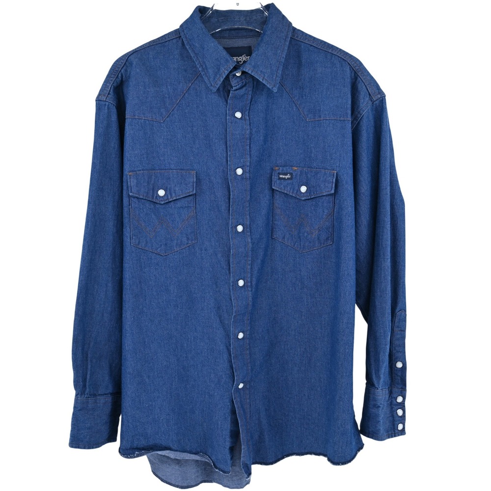 Wrangler Mens Western Denim Pearl Snap Shirt Blue Long Sleeve 17.5 x 34 70127MW